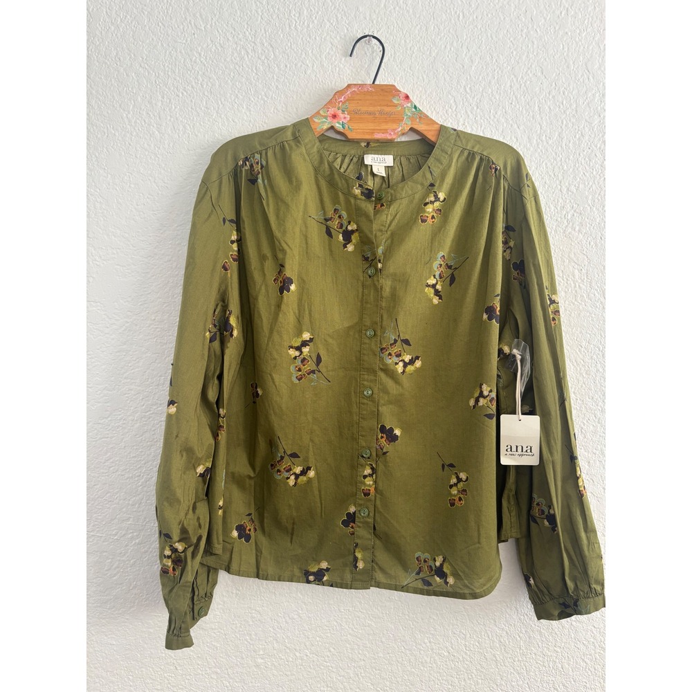 a.n.a‎ Button Up Blouse Large Olive Green Floral Cotton Band Collar NWT